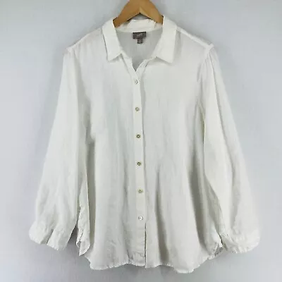 J.JILL Shirt M 100% Linen Top Woven Button Up Lagenlook Long Sleeve White • $24.99