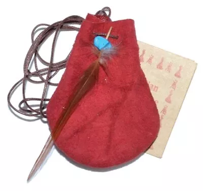 Red 3  Indian Medicine Dream Bag Fabric Dice Jewelry Pouch With Stone Feather • $11.89