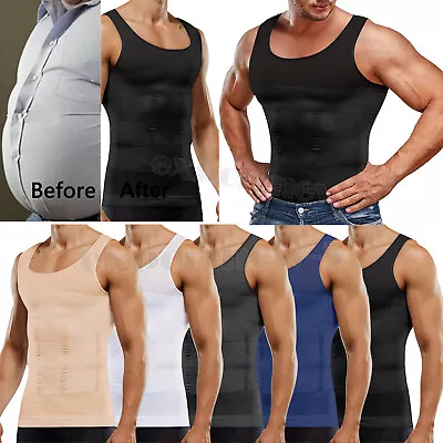 Mens Tight Compression Body Shaper Sports Muscle Tank Top Abs Abdomen Slim Vest • £13.79