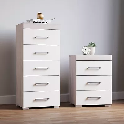 White & Grey Oak 5 Drawer Tall Boy Chest & 3 Draw Bedside - Bedroom Furniture • £104.95