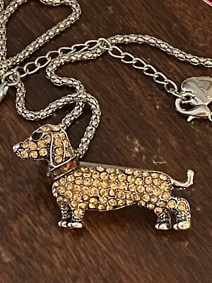 Betsey Johnson Champagne Crystal Brown Dachshund Dog Pendant Chain Necklace NWT • $15.99
