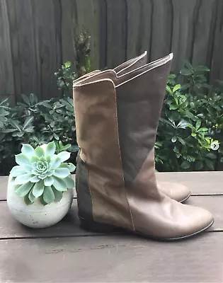 Vintage 80's Mushroom Fawn Brown Leather Calf Boots - Size Aus 4/5 34 Janil • $55