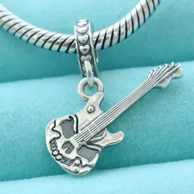 925 Sterling Silver Skull Electric Guitar Charm Guitarist Fit European Bracelet • $14.85