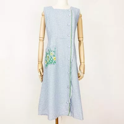60s Blue Gingham Dress Vintage Midi Sundress 70s Embroidered Sleeveless Medium M • $30