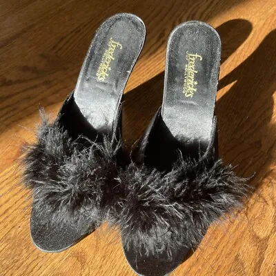 Fredericks Of Hollywood Black Maribou Feather Mules Slippers Shoes Heels Size 7 • £96.42
