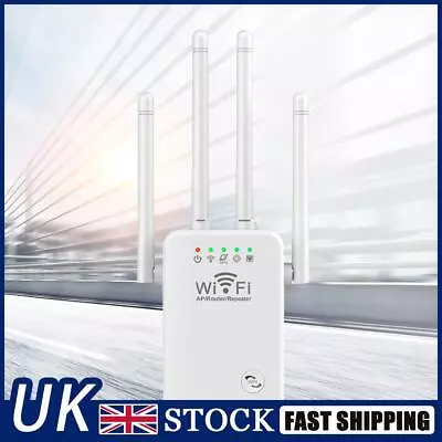 WiFi Extender Booster 2.4 GHz 300Mbps Easy Setup 4 Antenna Long Range (White UK) • £11.58