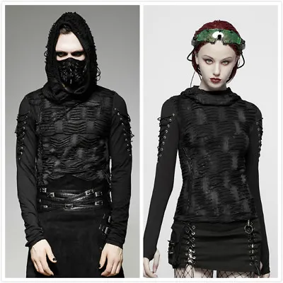 Punk Men Long Sleeves Hooded Black Steampunk Gothic Top Rock Visual Kei T-Shirt • $61.99
