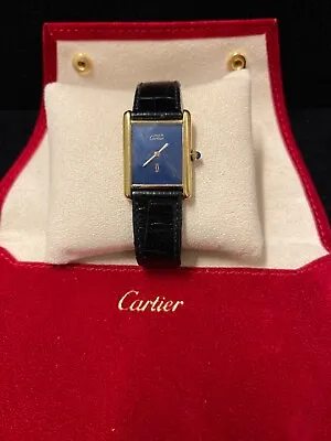 CARTIER Beautiful Vintage YG Rectangle Watch W/ Sapphire Dial - $10K APR W/CoA!! • $3695