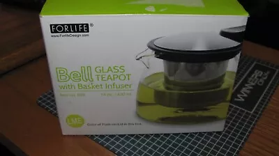 NIB Clear Glass Teapot And Basket Infuser Filter Forlife Bell 14oz LIME TRIM • $26