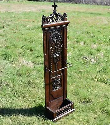 Antique French Neo Gothic Umbrella Stand In Solid Oak Wood W/Wrought Iron • $995