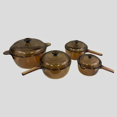 8 Piece Vision WARE Visions Corning PYREX Amber Brown Glass Cookware With Lids • $159.97