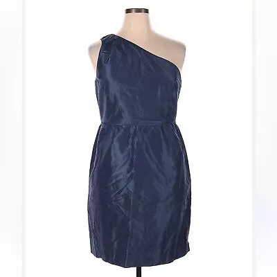 J CREW 100% SILK Taffeta Nanine Blue Cocktail Dress One Shoulder Mini Sz 12 • $35