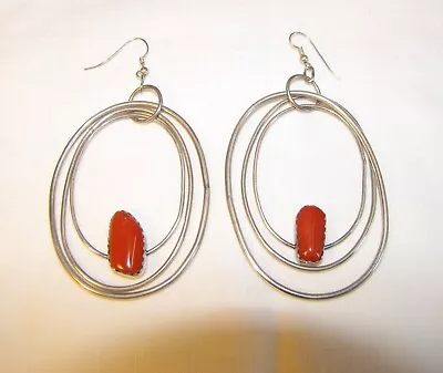 Vintage Navajo Sterling Silver & Red Coral Dangle Hoop Pierced Ear Rings Signed • $25