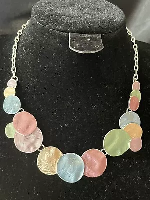 Pastel Multi Matte Enamel Hammered Disc Rainbow Collar Necklace Silver Tone 895 • £6.29