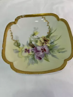 T&V Limoges France Hand Painted Plate Purple Yellow Pansies Gold Rim Handles • $25