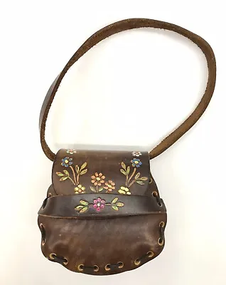 Vtg Small Hand Tooled & Painted Floral Brown Leather Shoulder Purse Bag 6” Boho • $24.95