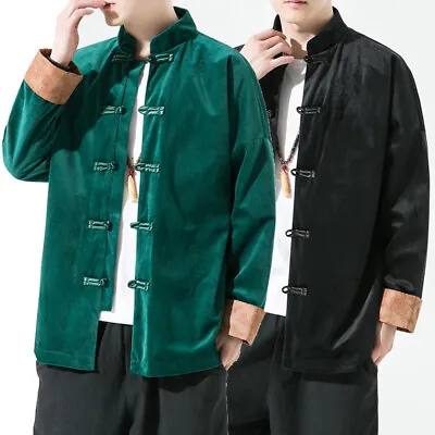 Mens Velvet Drop Shoulder Shirt Jacket Frog Button Mardarin Collar Tops Coat • $54.86