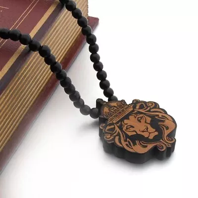 Large Animal Lion Wood Pendant Necklace Men's Jewelry 8mm/35 Wooden Bead Chain • $10.99