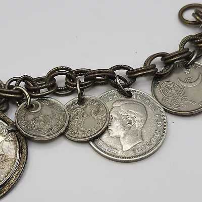 Vintage Charm Bracelet Coin Travel Silver Tone Farthing 7   • $29.99