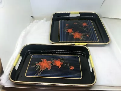 2 Vintage Serving Trays Wrapped Handles Barware Lacquer Black Gold Japan • $15