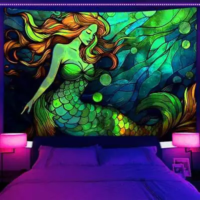 Mermaid 80s Girl Wall Art Poster Blacklight Tapestry UV Reactive Wall Hanging • $14.99