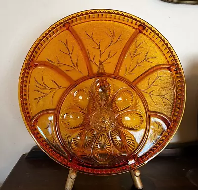 Indiana Amber Glass Tree Of Life Deviled Egg Relish Service Platter 13” Vintage • $19.99