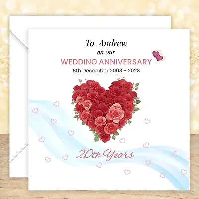 Personalised 20th Wedding Anniversary Card 6 X6  Heart Rose Wife Husband Couple • £3.19