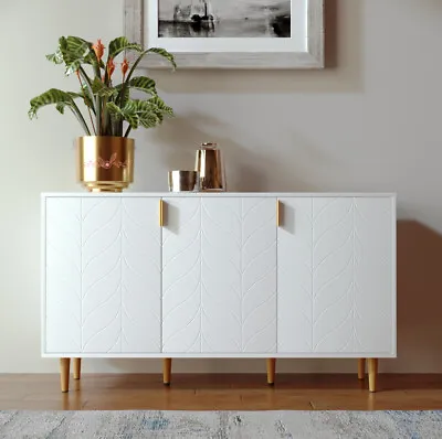 £139.95 • Buy Large 3 Door White Art Deco Sideboard Cupboard White & Brass Handles 127cms New