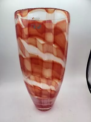 Large Makora Glass Vase 15 1/2” Tall Orange & White Swirl Striped • $125
