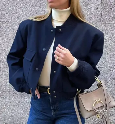 $36.60 • Buy Women’s Cropped Bomber Jacket Navy Cream Black Zara Coat