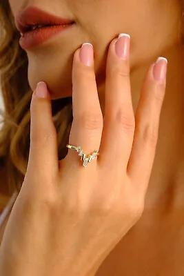 14K Gold Chevron Ring Matching Wedding Band Baguette Unique Stacking Diamond • $198