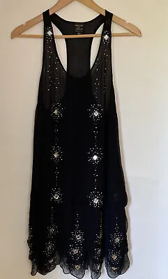 £50 • Buy Kate Moss Topshop Black Chiffon Vintage Scallop Dress Gatsby Flapper Size 12 Y2k