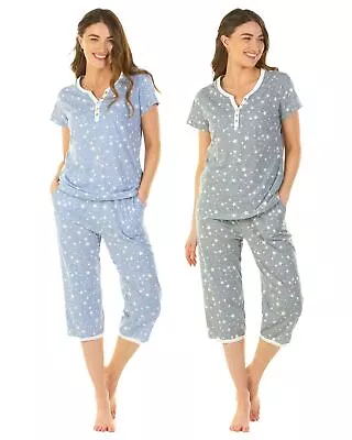 La Marquise Cotton Cropped Pyjamas Heather Stars Capri Short Sleeve Pyjama Set • £19.99