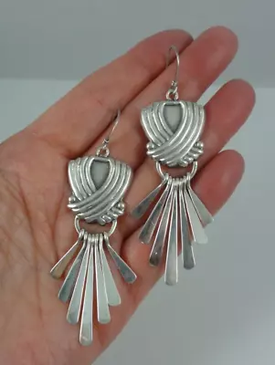Taxco Sterling Silver Draped Paddle Fringe Long 2-7/8  Dangle Earrings Mexico • $96