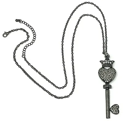 Steampunk Necklace Brass Tone Skeleton Key Crystal Heart Crown Pendant  33  • $6.99