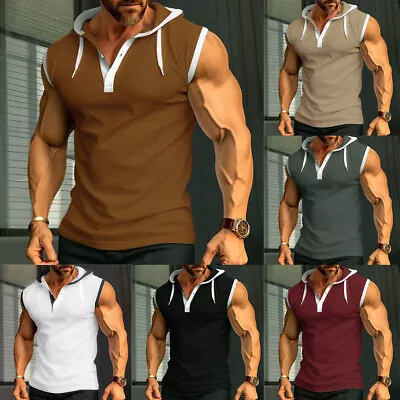 Men's Gym Pullover Vest Sleeveless Casual Hoodie Hooded Tank Tops Muscle T Shirt • £9.24