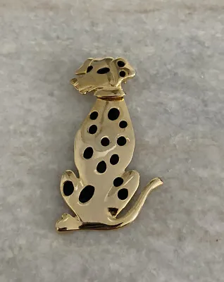 Vintage Mechanical Gold Black Enamel Spotted Dalmation Puppy Dog Brooch Pin • $15