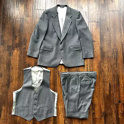 Vtg USA Nino Cerruti Rue Royale Mens Gray Wool 3 Pc Suit 40 Vest 36x31 80s 90s • $164