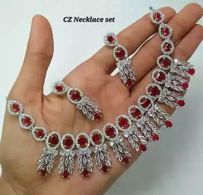 Indian Bollywood Silver Plated Earrings Bridal Set Ethnic AD Necklace Jewelry. • $28.99