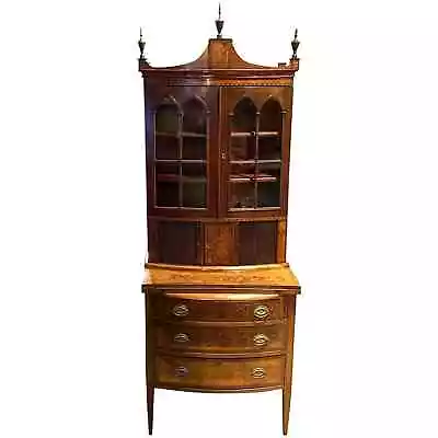 Late 19th C Federal Style Diminutive Two Part Inlaid Mahogany Bookcase Secretary • $2650