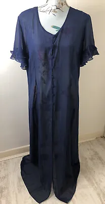 NEW Verde Veronica Vestaglia Navy Long Sheer Gown Robe Negligee UK 16 Lingerie • £32.99