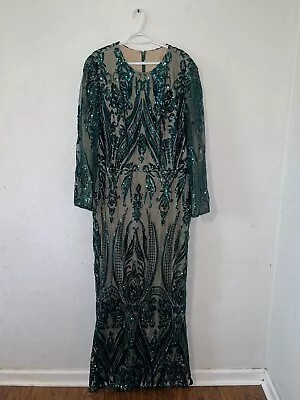 Dark Green Pattern Sequin Prom Dress Mermaid Long Sleeves Size 24 • $150