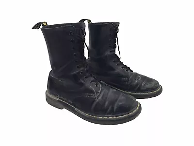 Doc Martens Air Wair Black Combat Boots Dr. Marten Yellow Stitch - Size 10 • $31.98