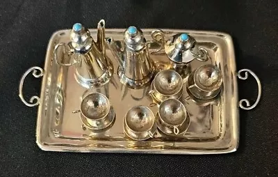 Vintage Antique Mexican Alpaca Silver & Turquoise 5 Piece Miniature Tea Set • $75