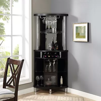 Mini Bar Corner Liquor Cabinet Wine Storage Stemware Rack Dining Room Black New  • $398.88