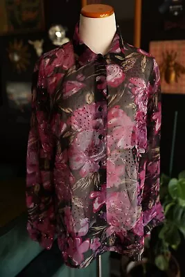 Vintage Erena Woman Sheer Dark Floral Whimsigoth Glitter Button Up Long Sleeve L • $24.99