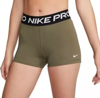 New Nike Pro Womens SHORTS 3  Sz M Green Khaki CZ9857 223 Compression Tight Fit • $19.99