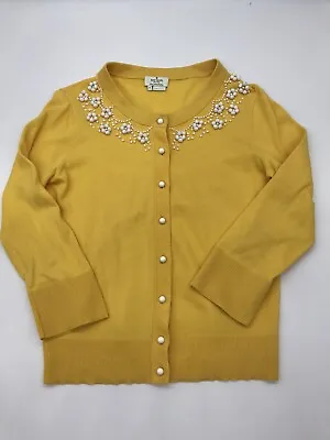 $21.99 • Buy Kate Spade Live Colorfully Yellow Beaded Button Front Cardigan Womens S