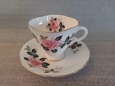 Clarence Bone China Footed Teacup & Saucer Pink Roses Floral England Gold Rim • $12