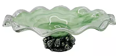 Murano Pedestal Fruit Bowl Vintage Art Glass Pewter Base Design 12” • $75